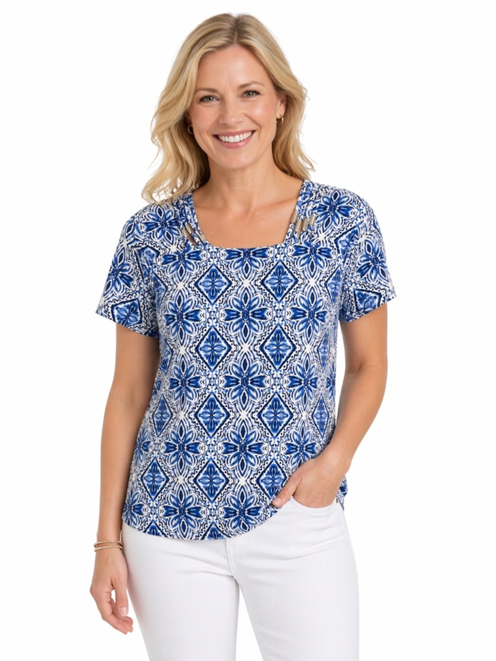 Rafaella Blue Printed Square-Neck Short Sleeve Top